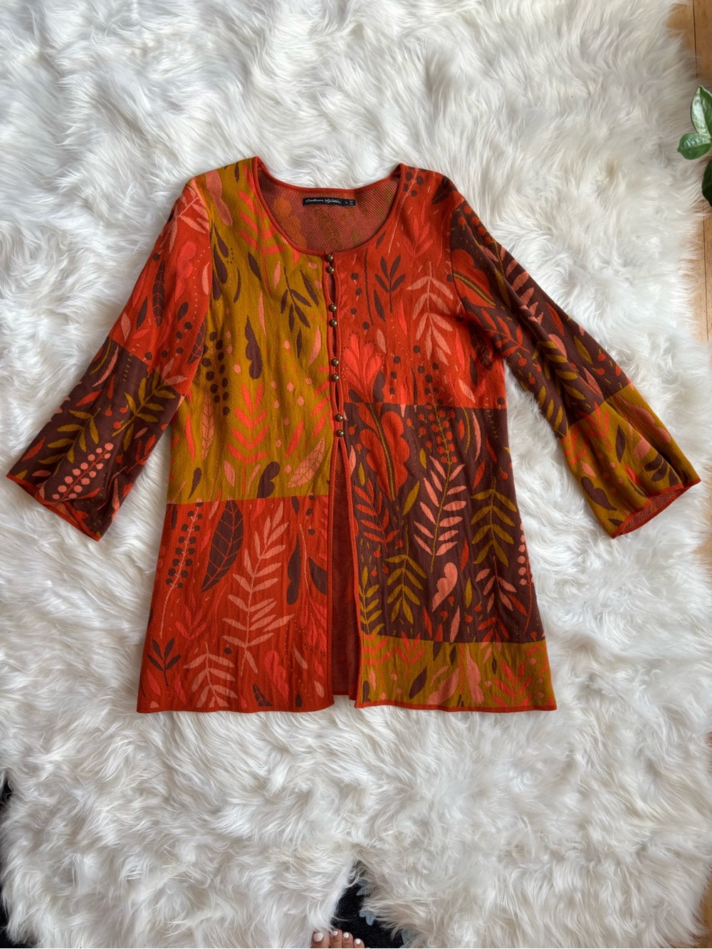 Art to wear Abstract Leaf Print Button-Front Women’s Top L Orange Gudrun Sjödén